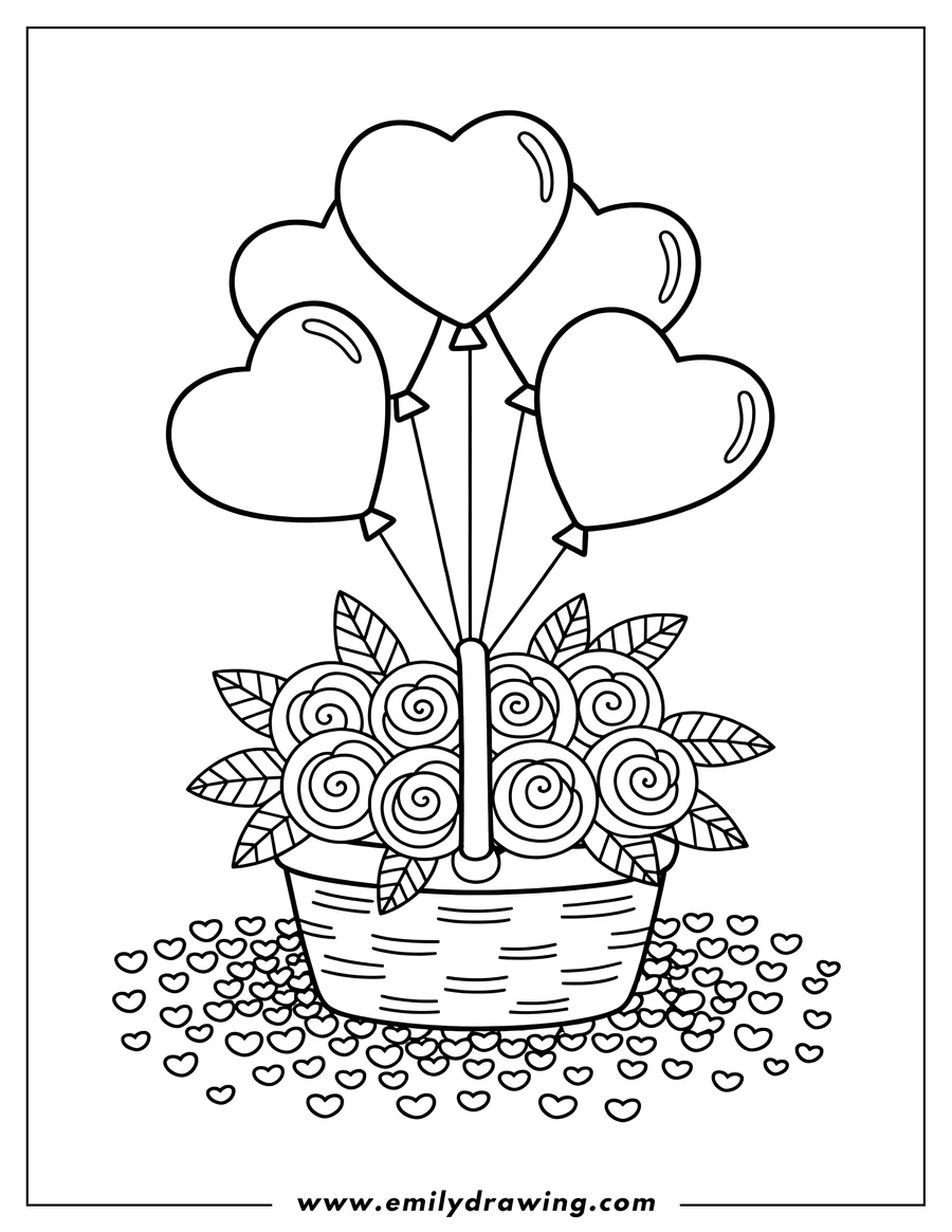 Outline of a basket of roses with heart-shaped balloons floating above.  Small hearts decorate the area around the basket.