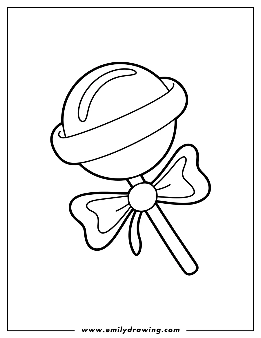 Outline of a round lollipop on a stick, decorated with a bow.