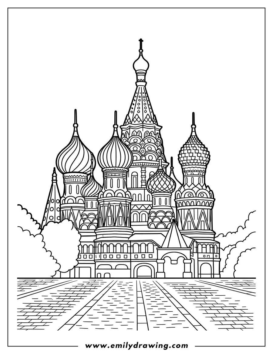 Line art of Saint Basil's Cathedral in Moscow, Russia. It's a colorful and ornate building with many domes and towers.