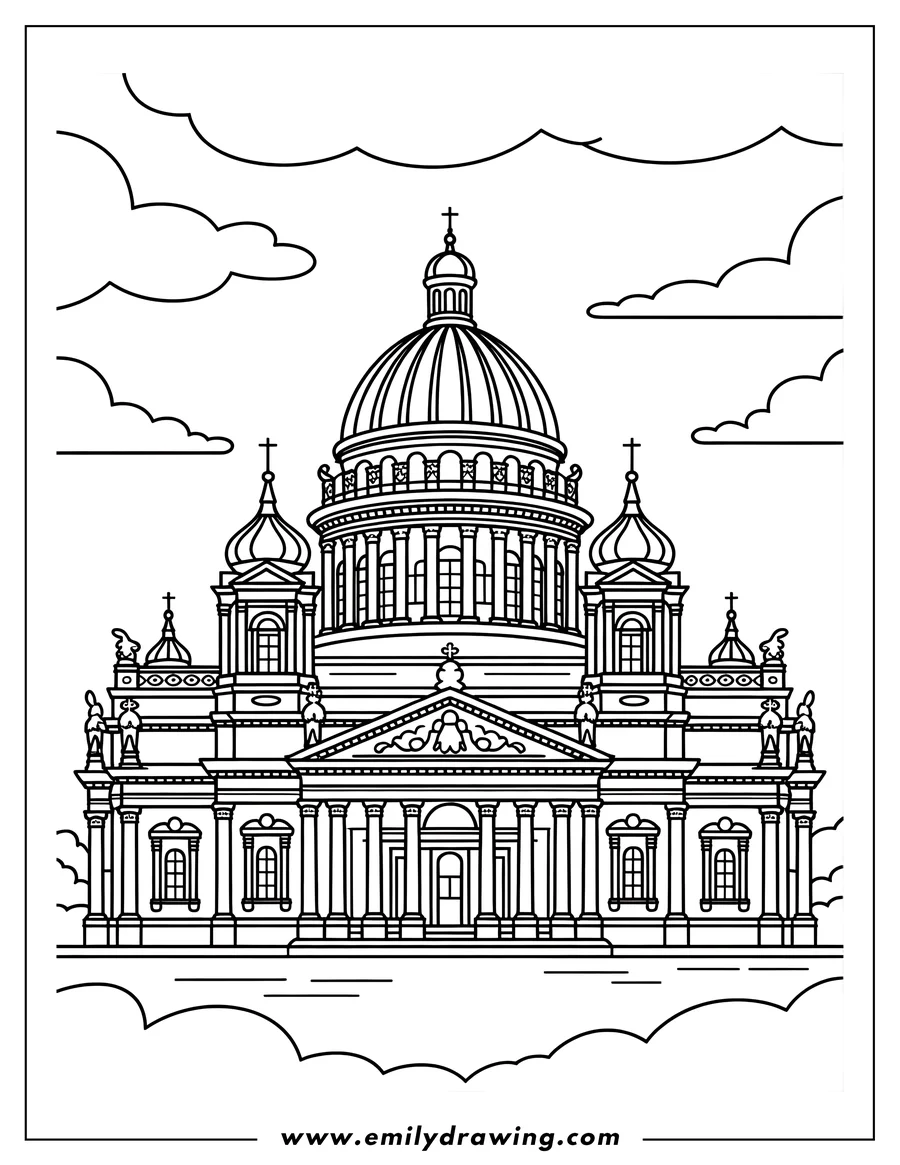 Line art of Saint Isaac's Cathedral in Saint Petersburg, Russia. It's a large, ornate building with a prominent central dome and several smaller domes.