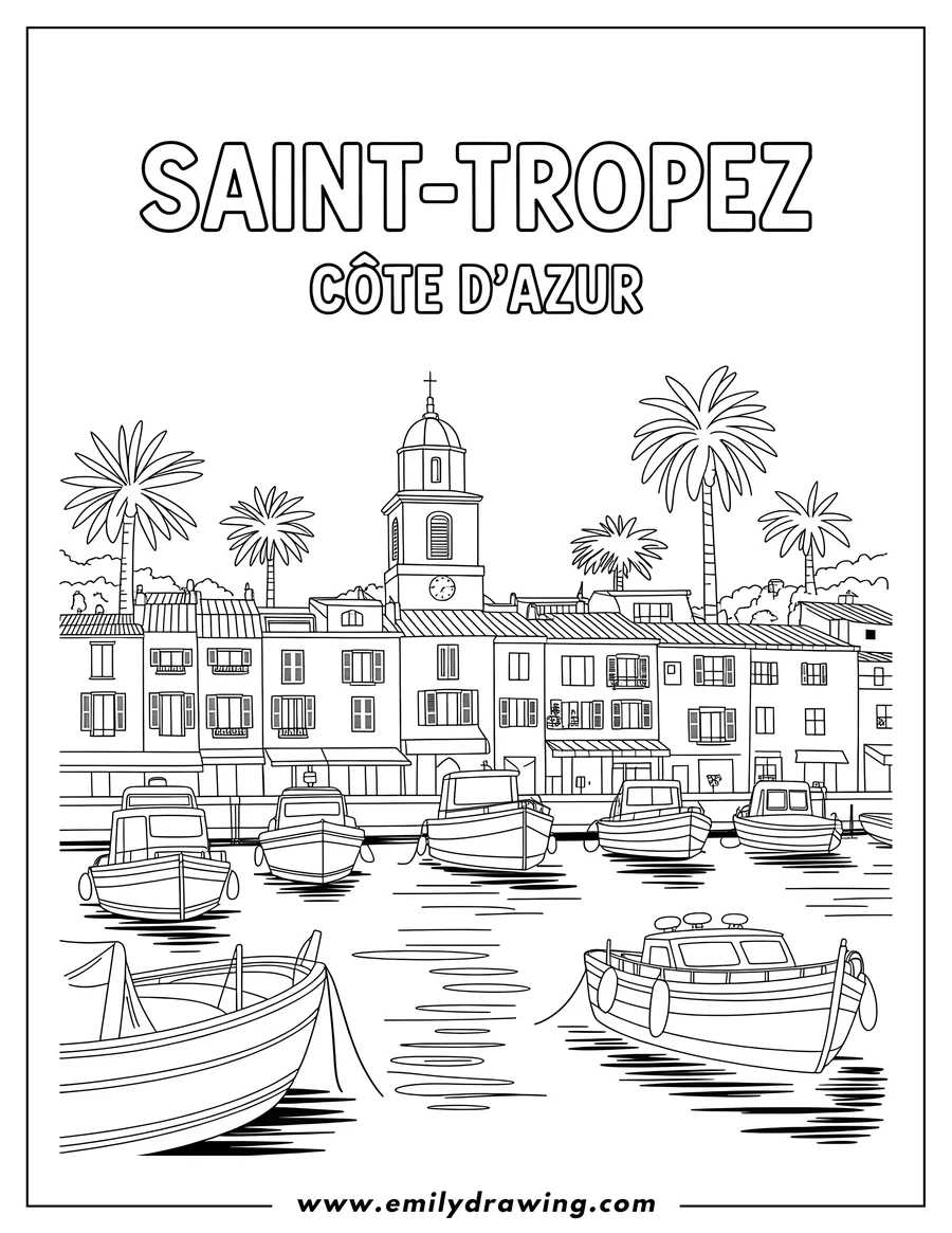 Outline of the Saint-Tropez harbor with boats, buildings, and palm trees.