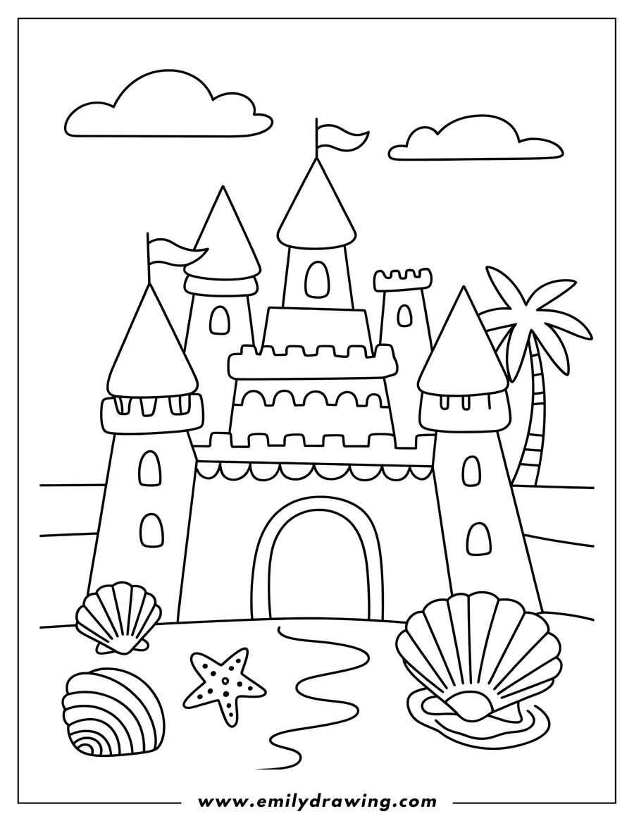 Line art of a sandcastle on a beach with seashells, a starfish, and a palm tree.