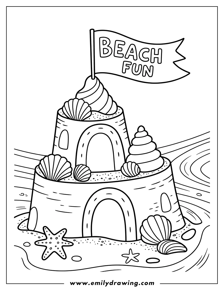 Line art of a sandcastle decorated with seashells and a