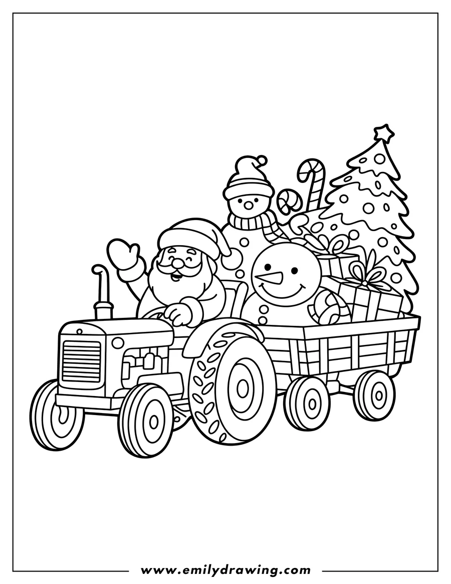 Line art of Santa Claus driving a tractor with a snowman, Christmas tree, and presents in the trailer.