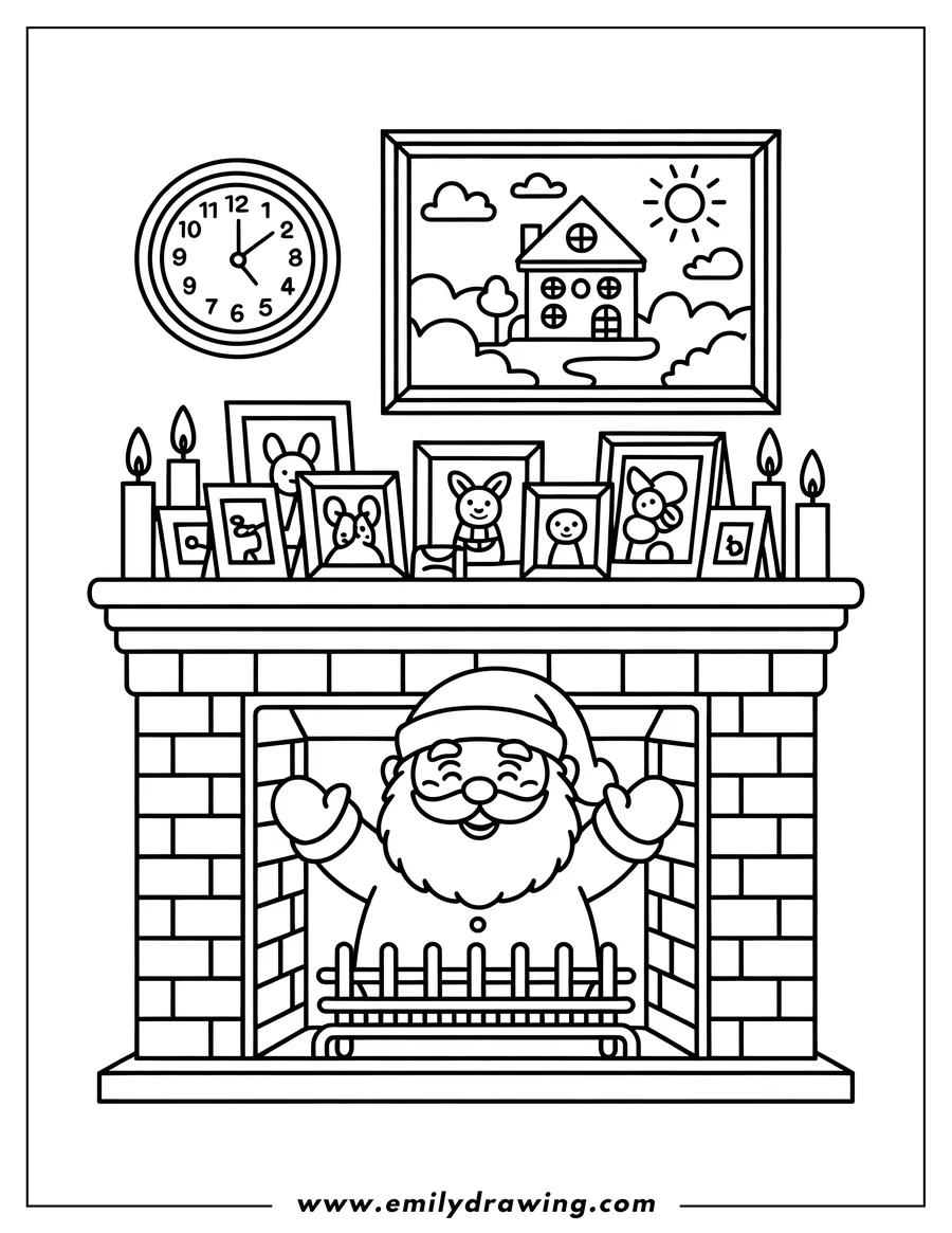Outline of Santa Claus popping out of a fireplace. A clock and framed pictures hang on the wall above the mantelpiece.