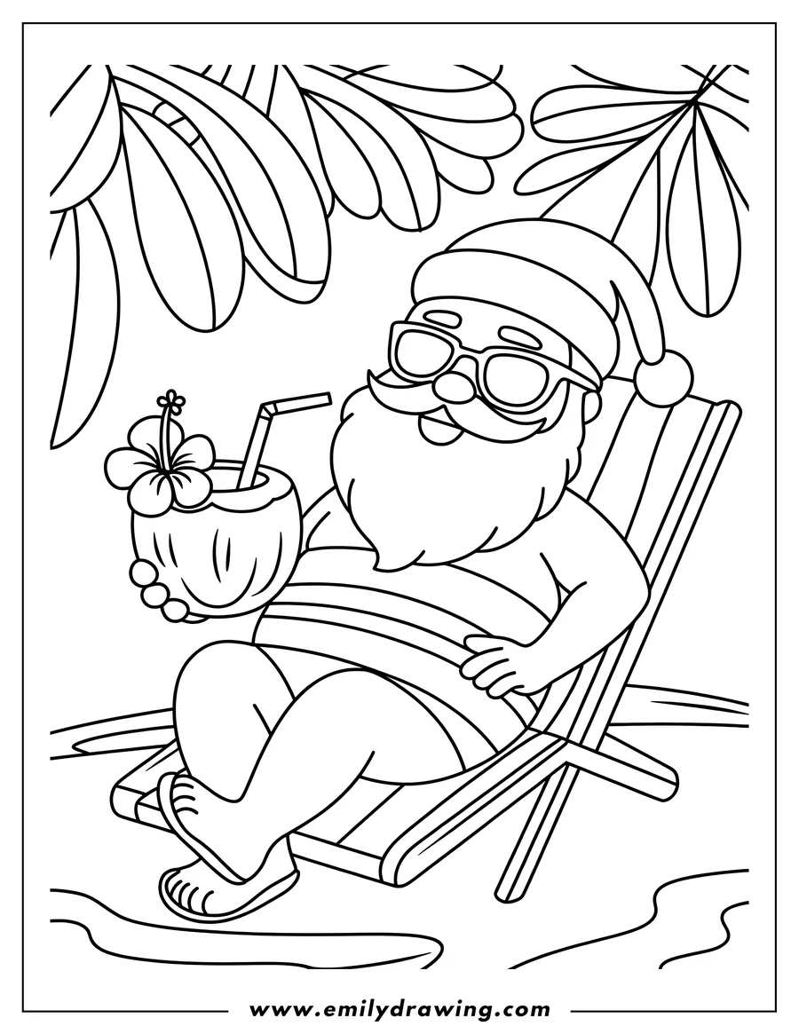 Line art of Santa Claus wearing sunglasses and relaxing on a beach chair with a coconut drink.