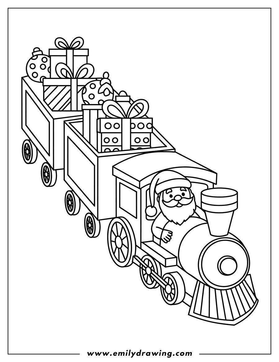 Line art of Santa Claus driving a train with two carriages full of Christmas gifts and ornaments.