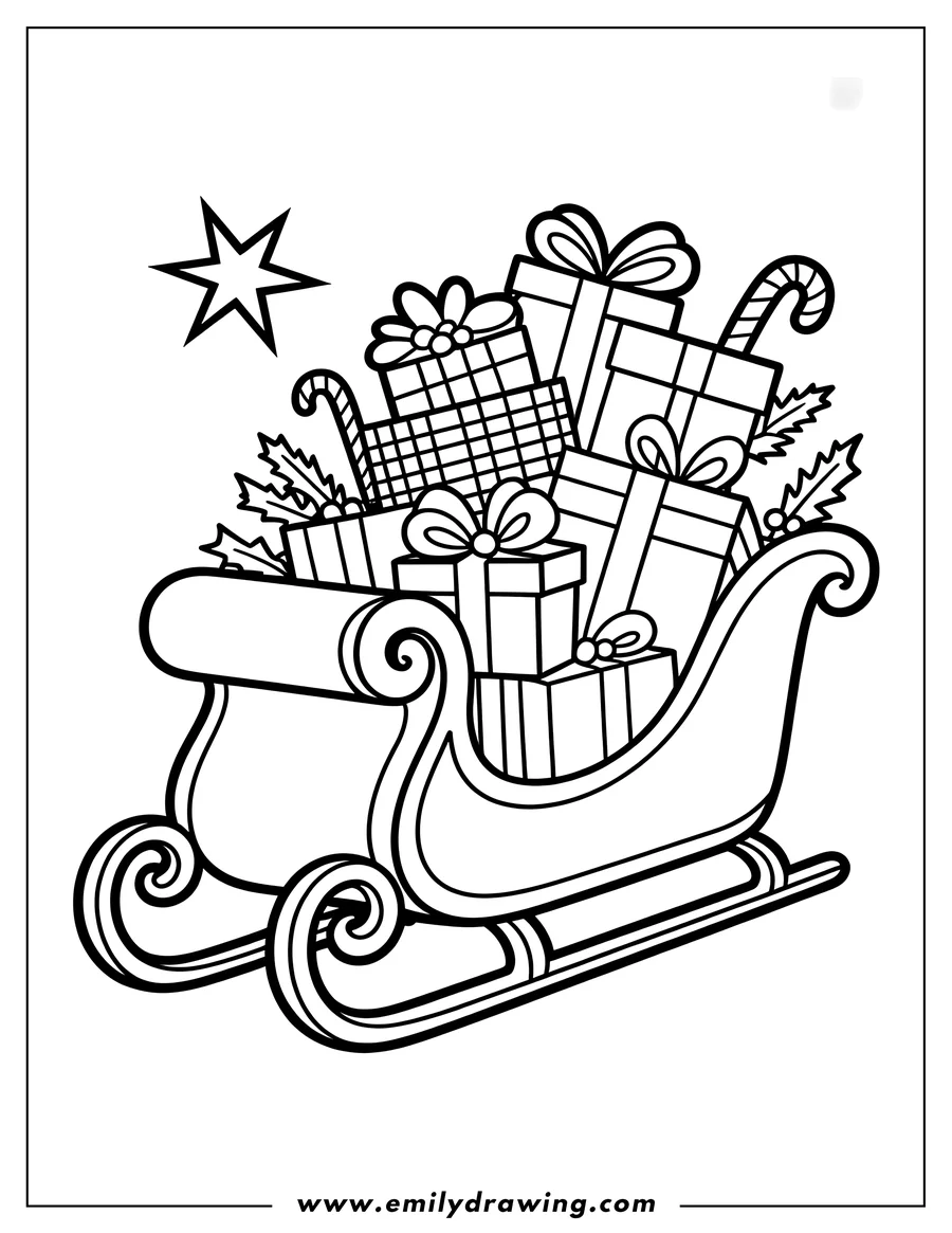 Line art of Santa's sleigh filled with wrapped presents, candy canes, and holly, ready for coloring.