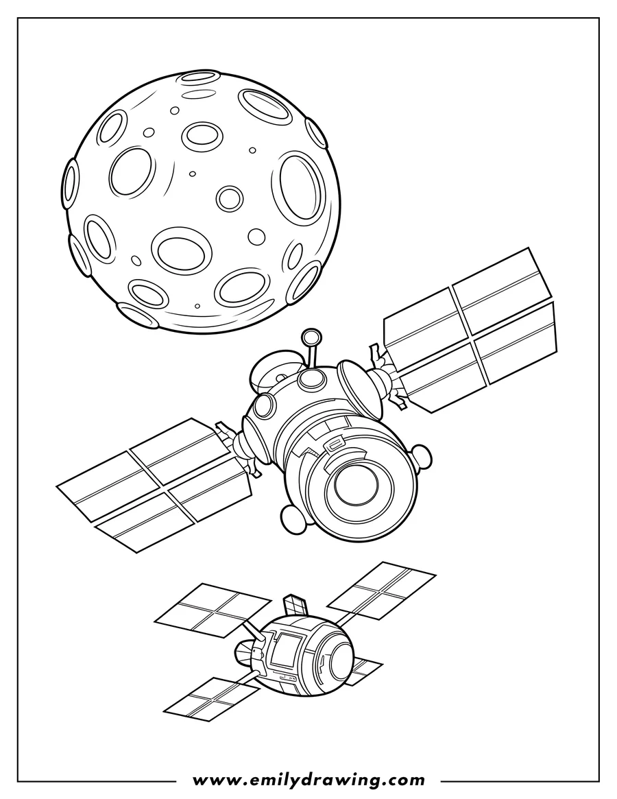 Outline of two satellites near the moon. Perfect for space enthusiasts.