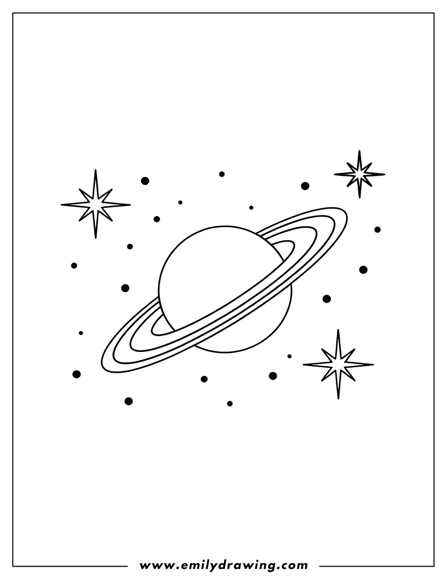 Line art of the planet Saturn with its rings, surrounded by stars and small dots representing space.