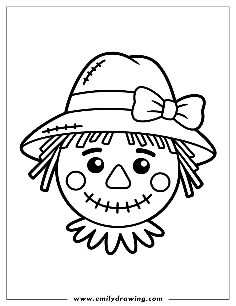 Line art of a scarecrow's face with a patched hat and a bow.