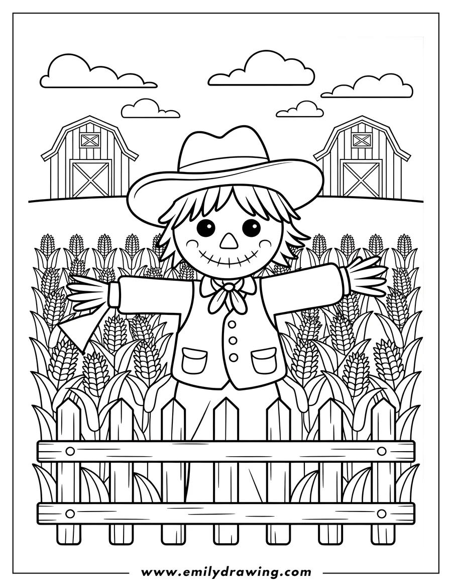 Line art of a scarecrow standing in a cornfield in front of a wooden fence. Two barns and fluffy clouds are visible in the background.