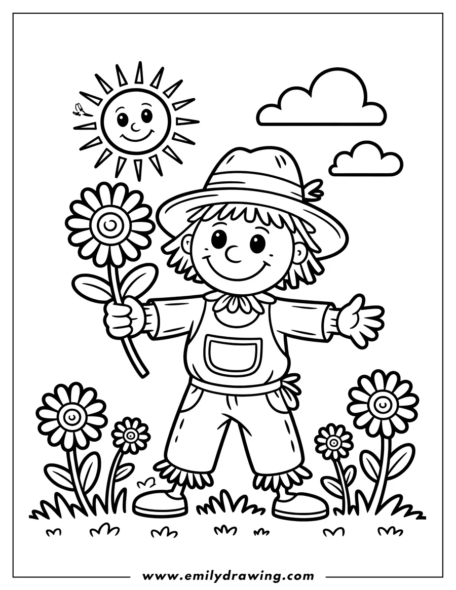 Line art of a scarecrow holding a sunflower in a field, with a smiling sun and fluffy clouds in the sky.