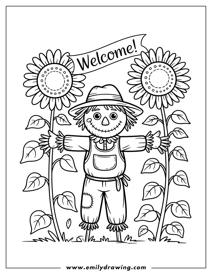Line art of a scarecrow with a welcome sign, positioned between two large sunflowers.  The scarecrow wears overalls and a hat.