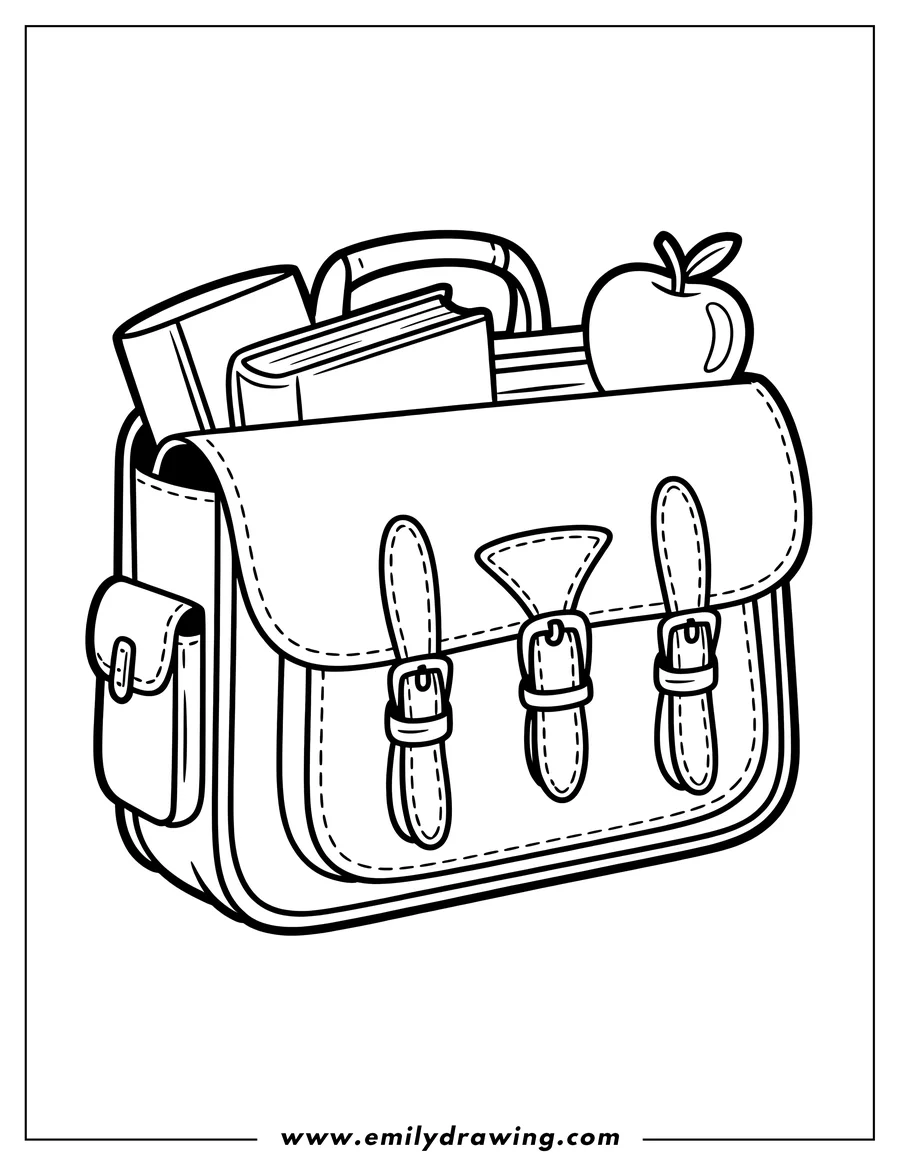 Outline of a school bag with books, an apple, and a side pocket. The bag has two buckles and stitching details.