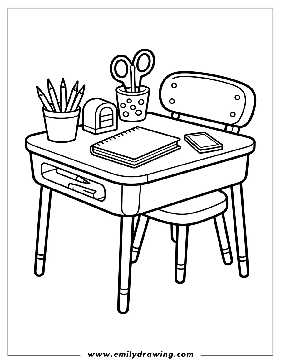 Outline of a school desk and chair with supplies like pencils, scissors, a notebook, and a tablet.