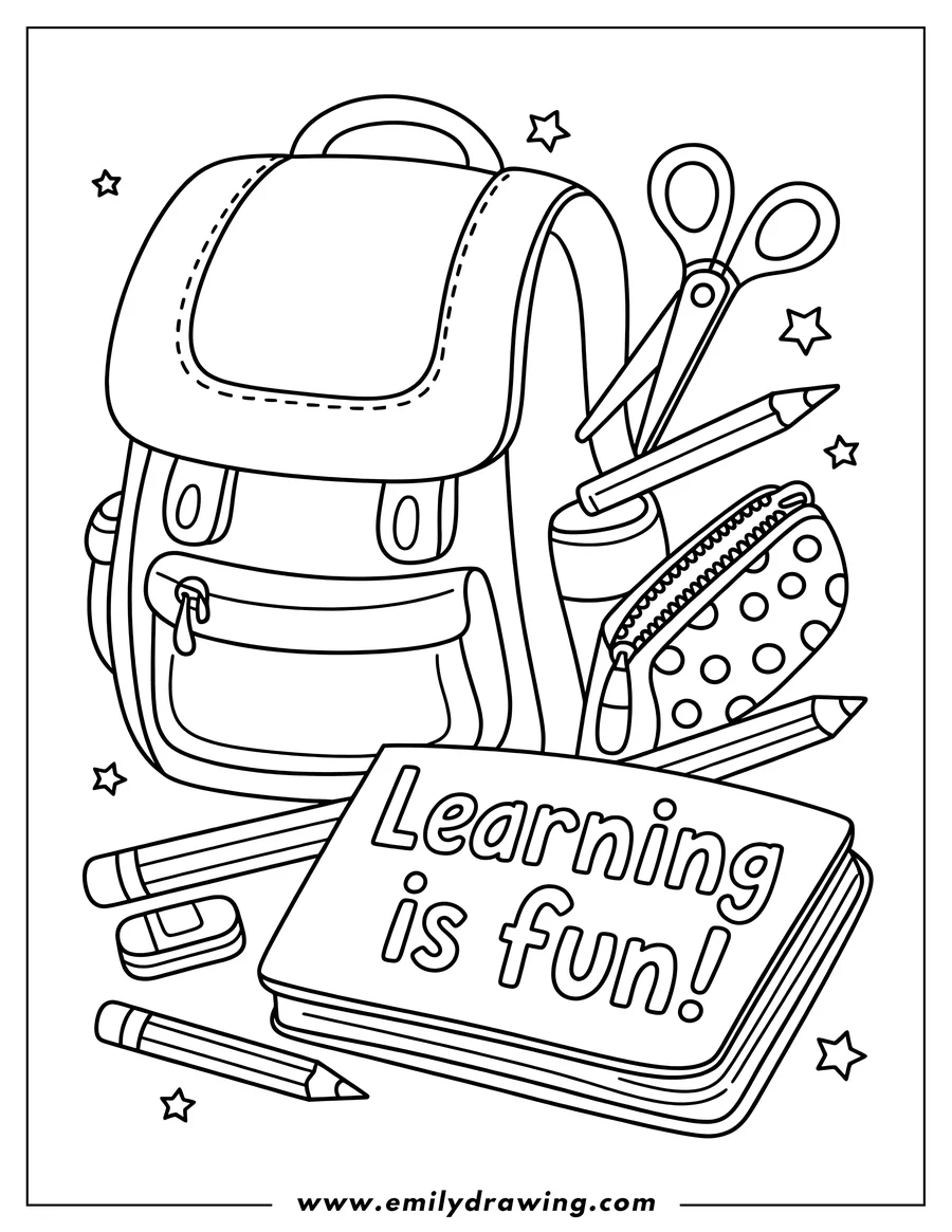 Line art illustration of a backpack surrounded by school supplies like pencils, an eraser, scissors, a pencil case, and a book that says 'Learning is fun!'