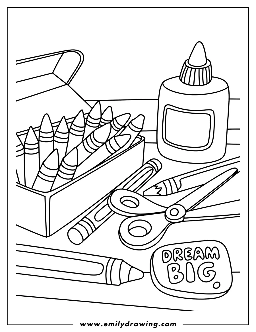 Outline of various school supplies including crayons, scissors, glue, and a pencil on a desk. An eraser says Dream Big.