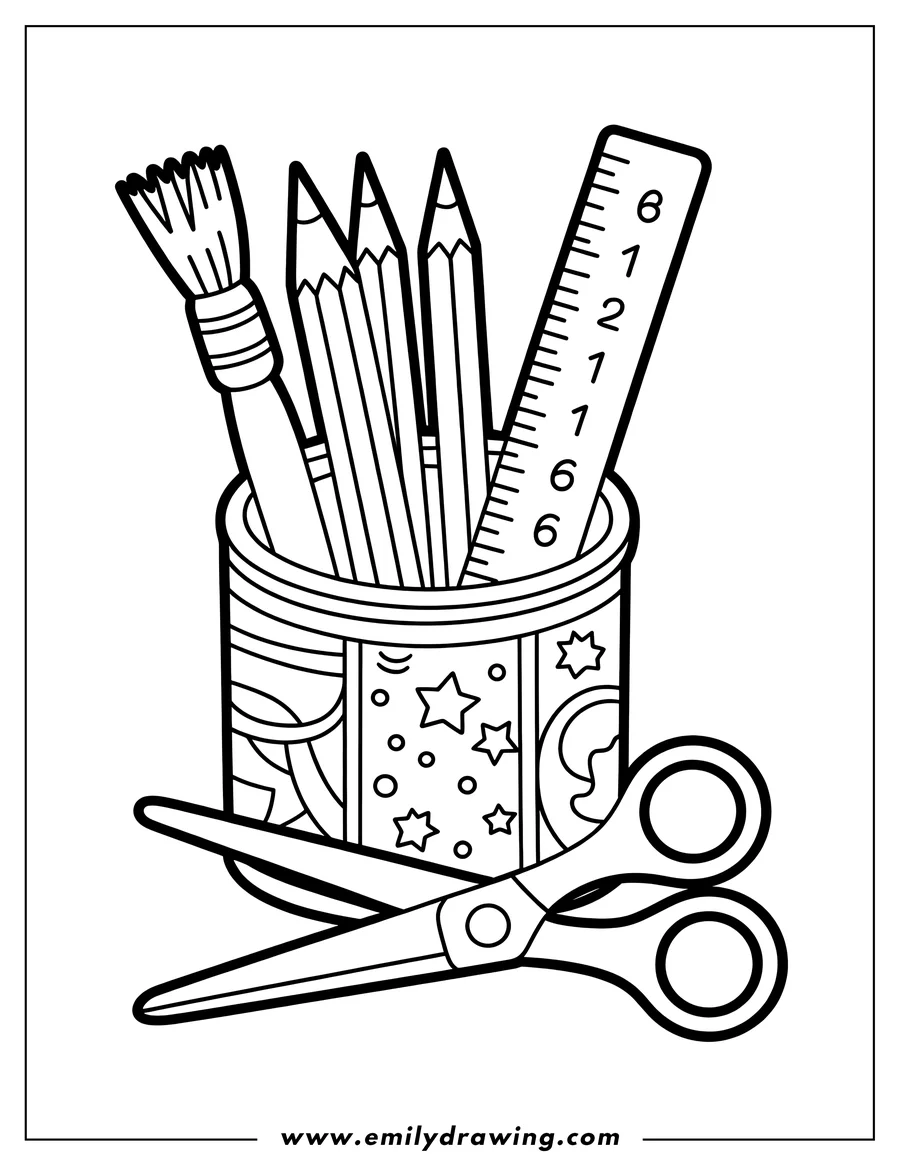 Line art of school supplies including pencils, a paintbrush, and a ruler, standing upright in a decorated cup with a pair of scissors lying beside it.