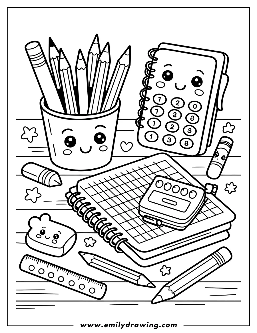 Line art of various school supplies arranged on a desk, including pencils, notebooks, a ruler, and an eraser, all depicted with cute, smiling faces.