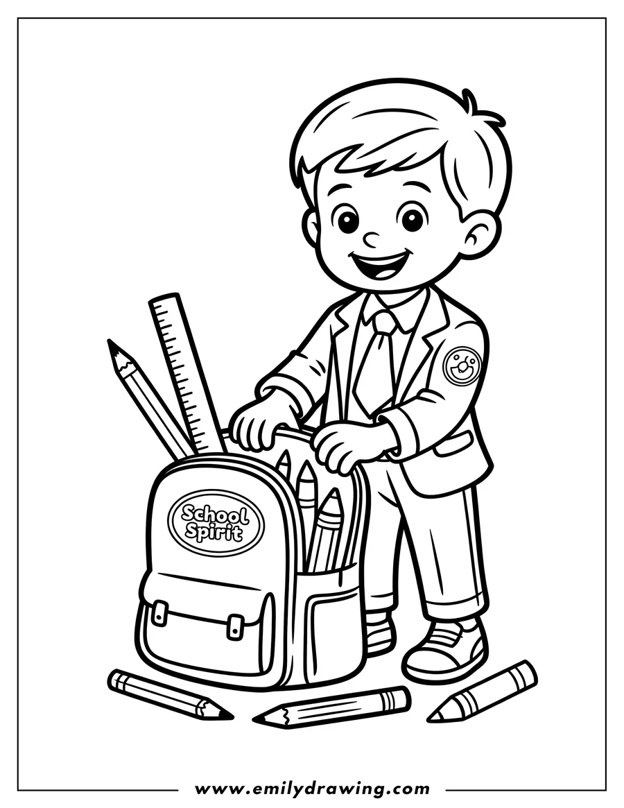 Line art of a schoolboy putting pencils and crayons into his backpack. He is wearing a uniform and a tie.