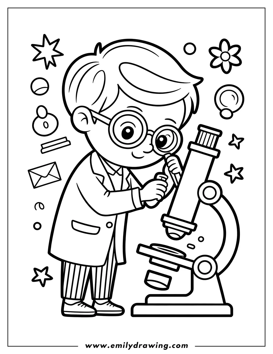 Line art of a scientist using a microscope. He wears glasses and a lab coat, and small shapes float around him.