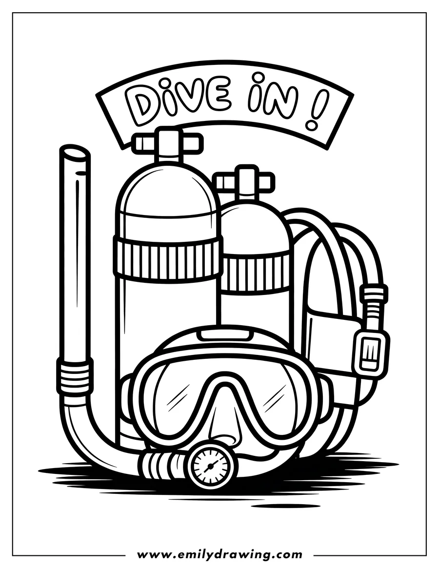 Line art outline of essential scuba diving equipment, featuring two large air tanks, a snorkel, and a diving mask with a pressure gauge, displayed beneath a banner reading