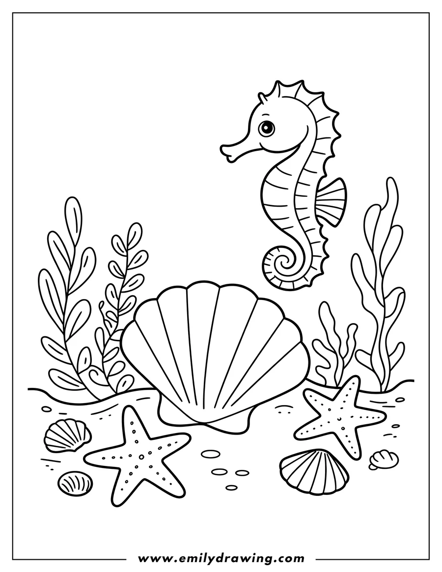 Line art of a seahorse, seashells, starfish, and seaweed on the ocean floor.