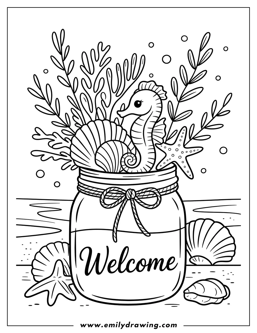 Line art of a seahorse, seashells, and seaweed in a jar with a