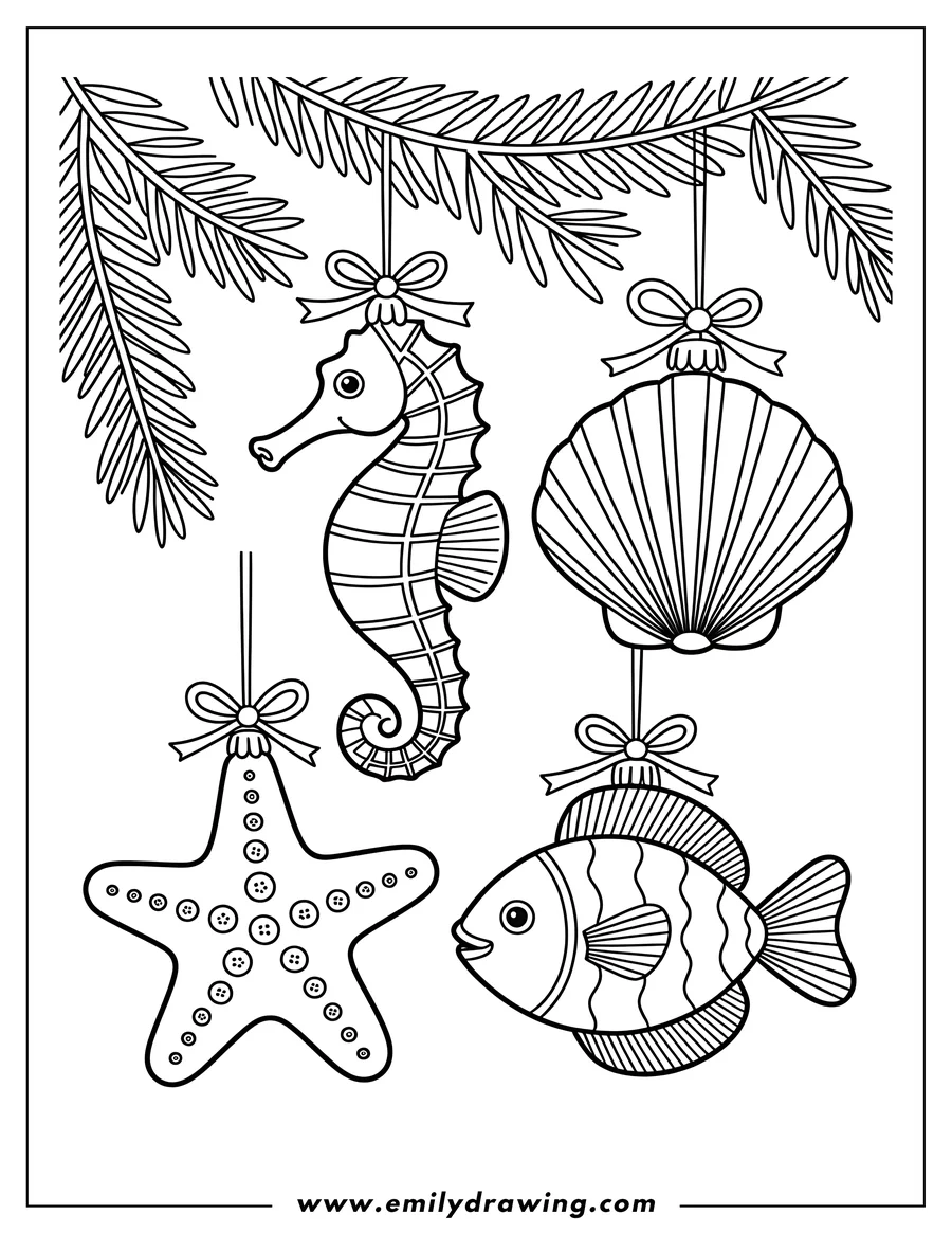 Line art of a seahorse, seashell, starfish, and fish hanging as Christmas ornaments from a tree branch.