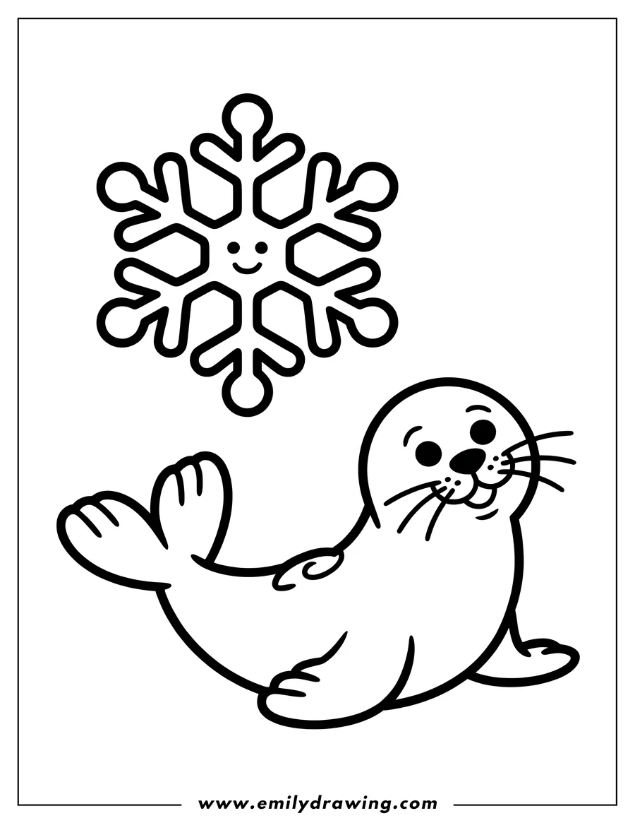 Line art of a friendly seal and a smiling snowflake.