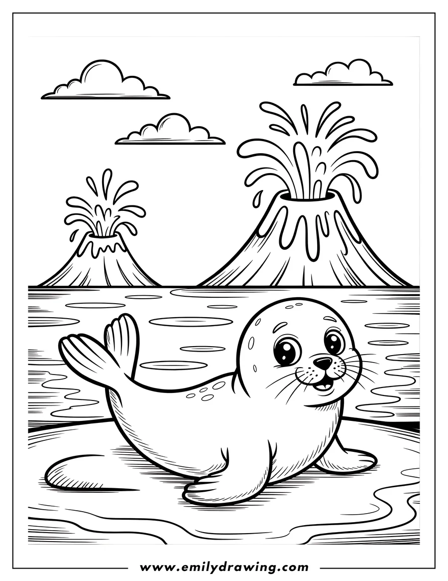 Outline of a seal swimming near erupting volcanoes.