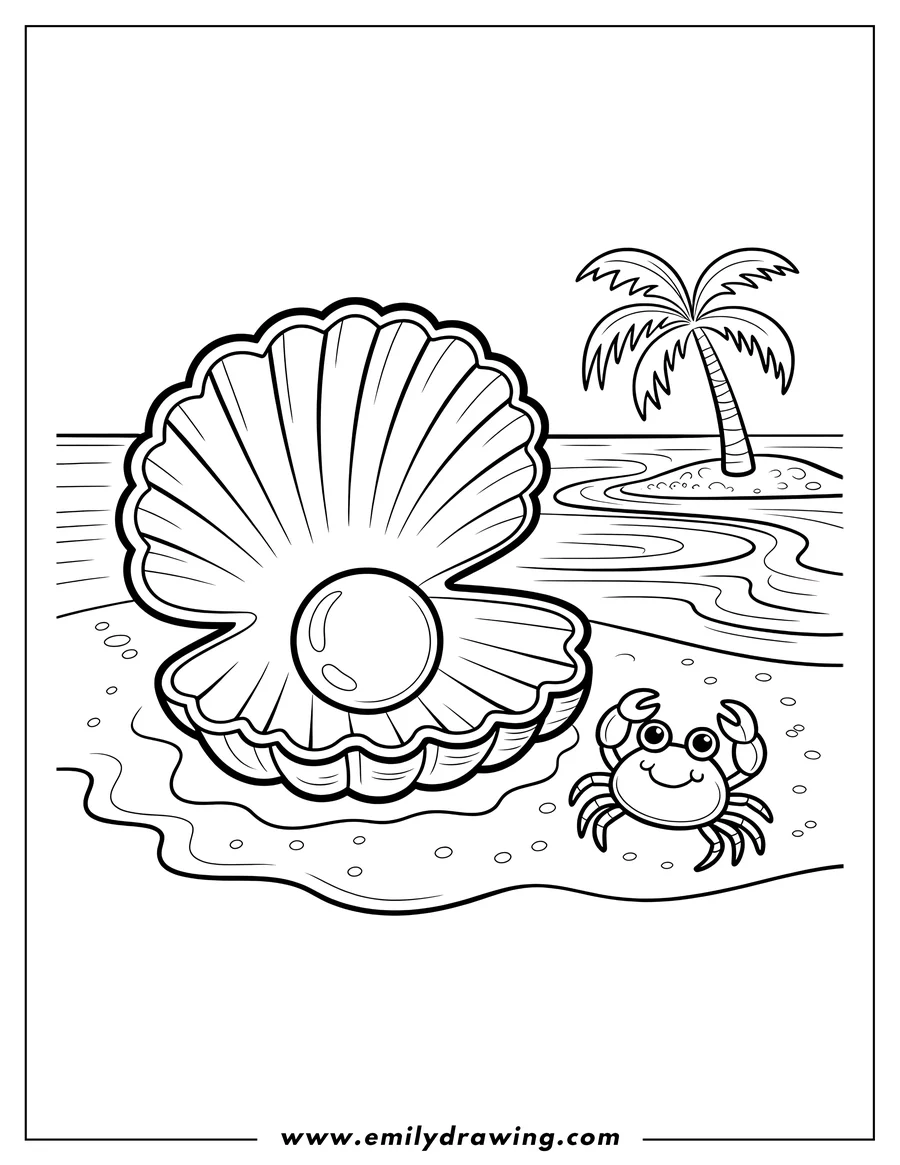 Line art of a large seashell with a pearl on a beach, and a small crab nearby. A palm tree grows on a small island in the background.