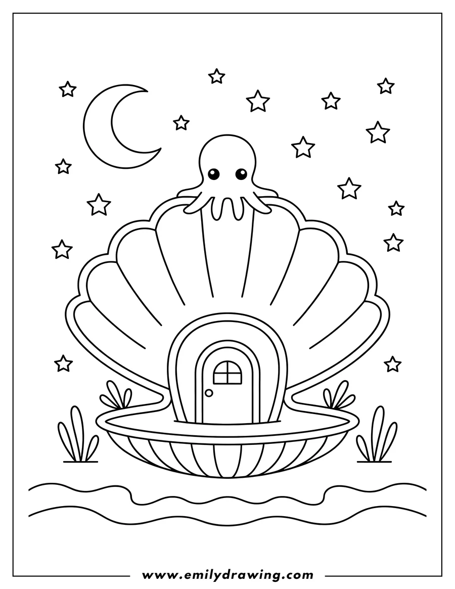 Line art of an octopus on a seashell house under the moon and stars.