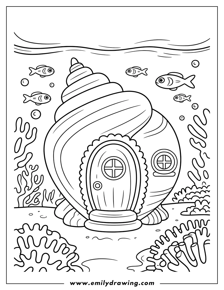 Line art of a seashell house on the ocean floor, with fish swimming above and coral surrounding it.