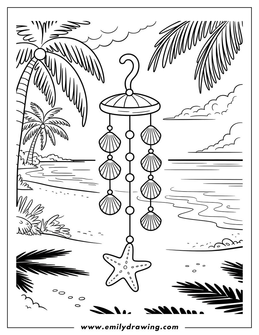 Outline of a seashell mobile hanging on a beach with palm trees and a starfish at the bottom.
