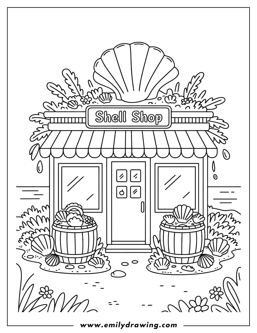 Line art of a seashell shop with barrels of seashells outside and a giant clam shell on the roof.