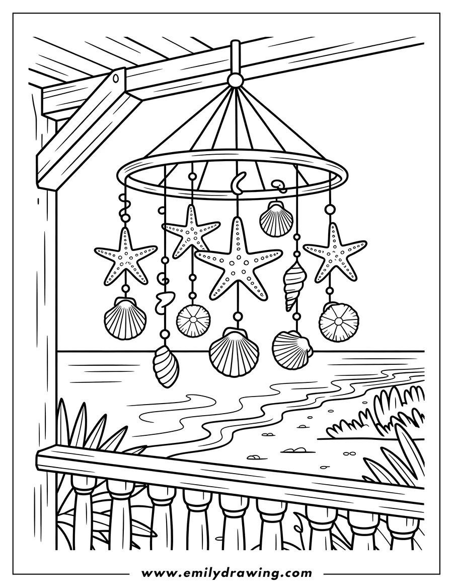 Outline of a seashell wind chime with starfish and clam shells hanging from a porch overlooking a beach.
