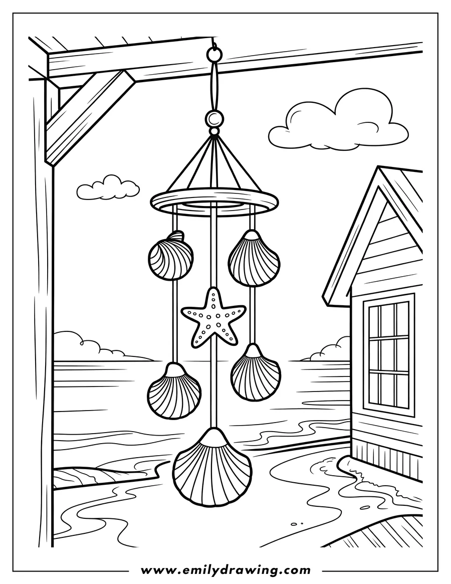 Line art of a seashell wind chime hanging near a beach hut. The chime features several seashells and a starfish. The background includes a simple beach and water scene.