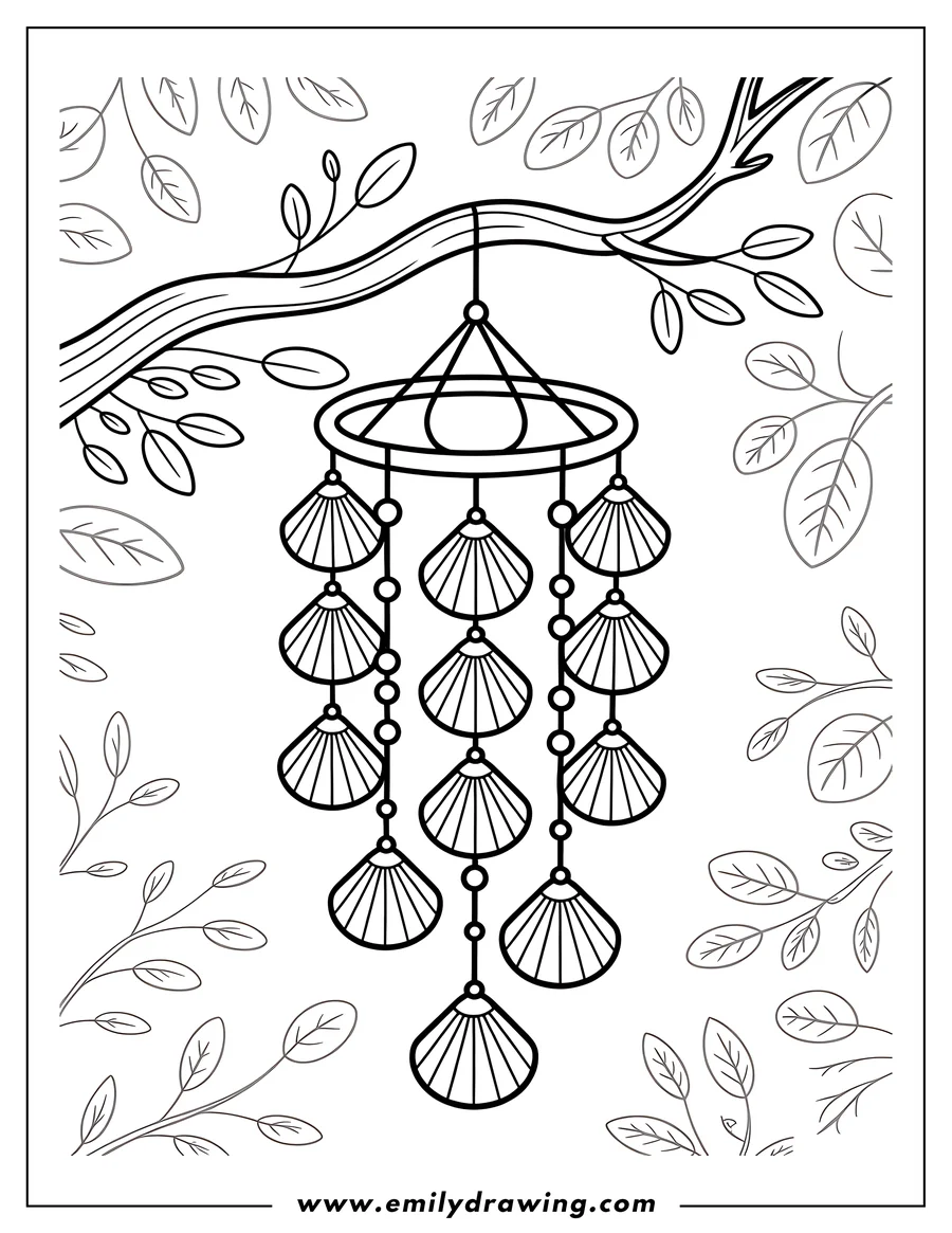 Line art of a seashell wind chime hanging from a tree branch, surrounded by leaves.