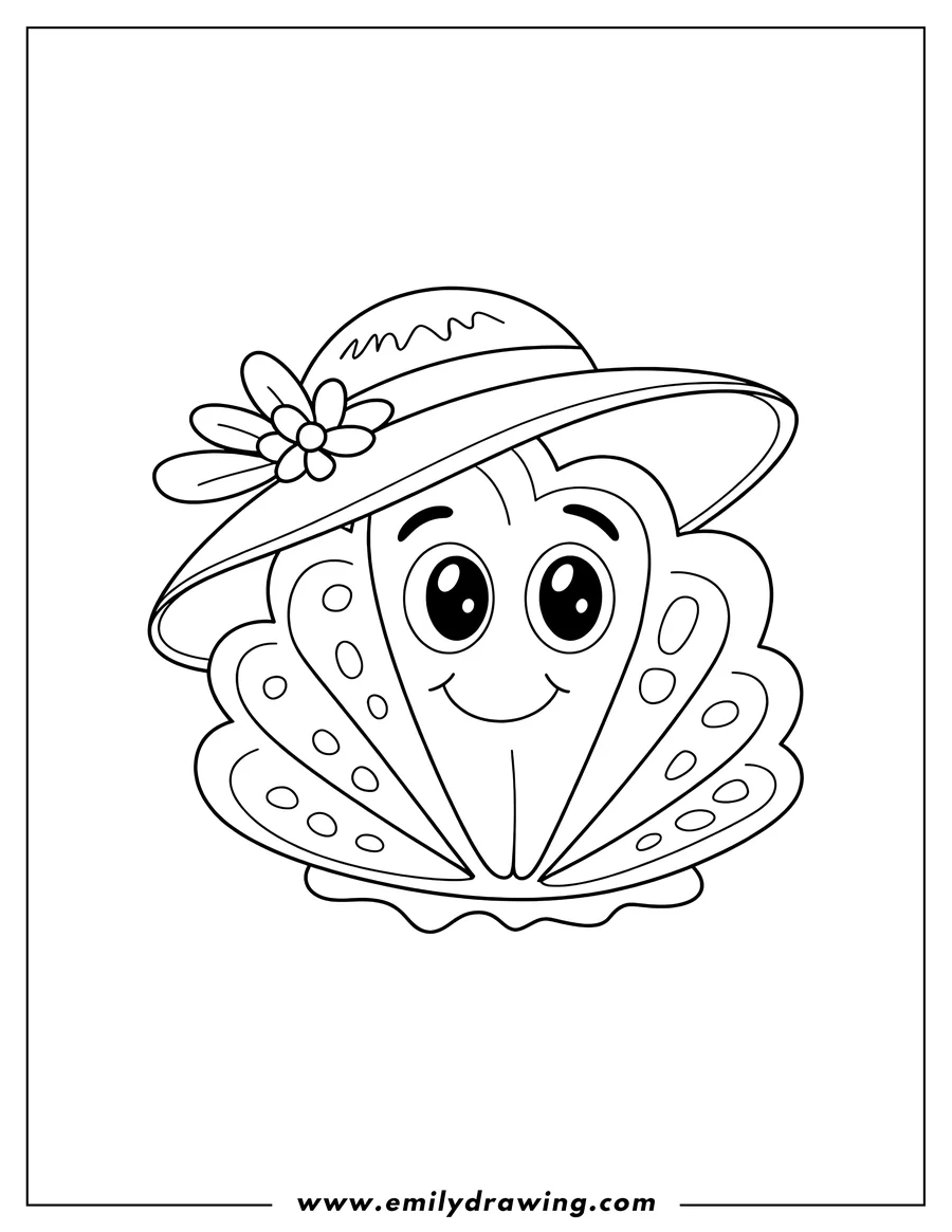 Line art of a seashell wearing a large hat with a flower on it.