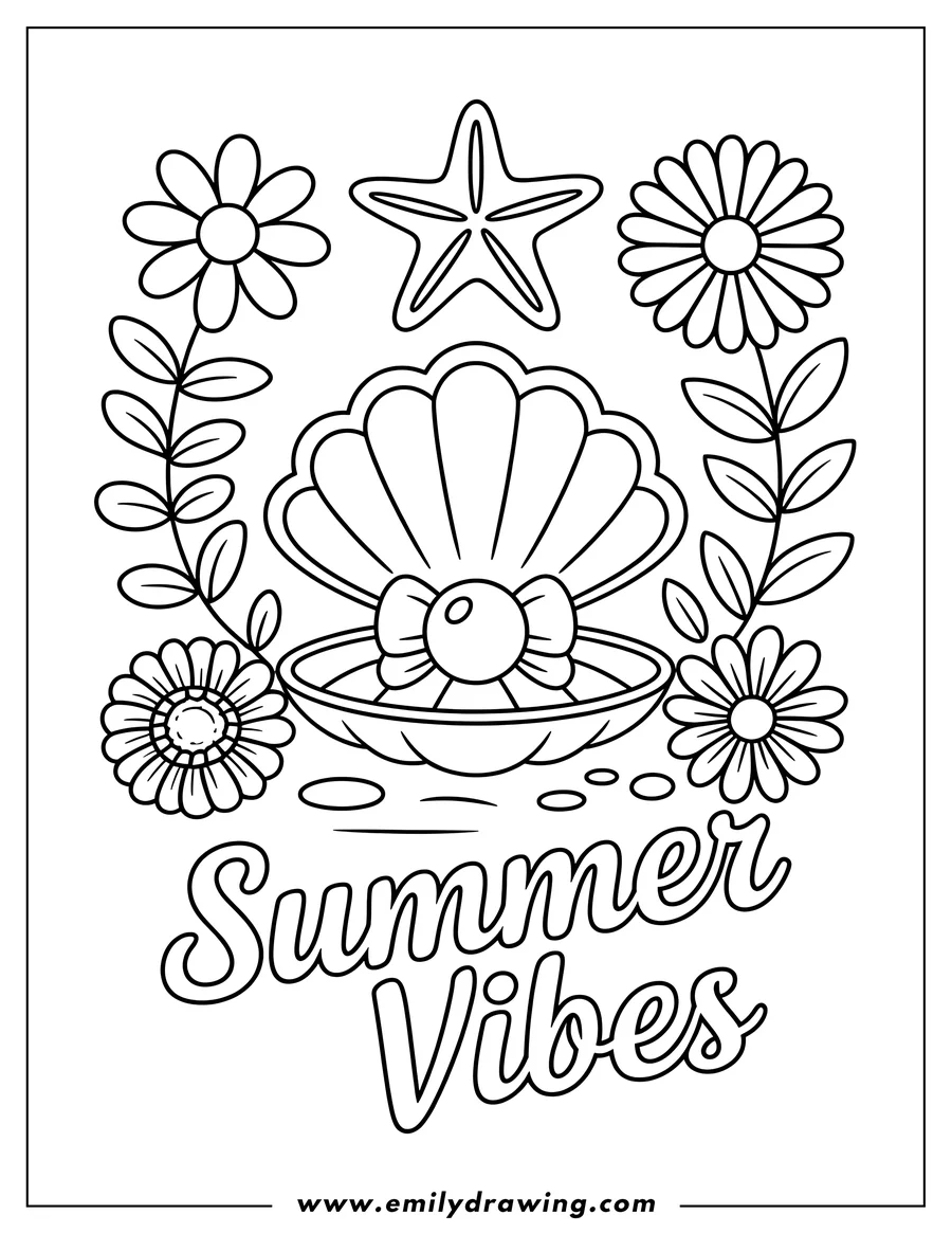 Outline of an open seashell with a pearl and ribbon, surrounded by flowers and a starfish.