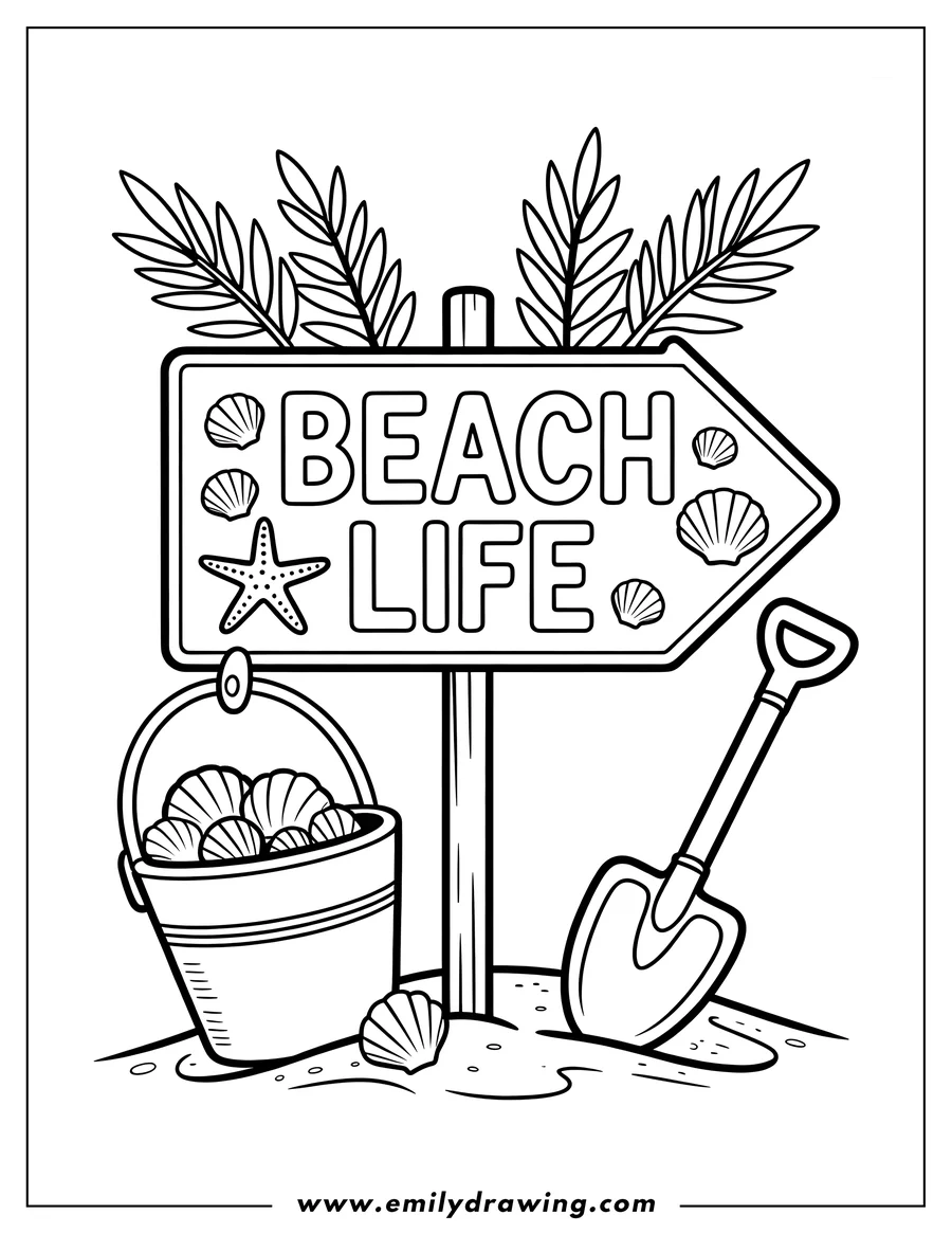 Outline of a beach scene with a sign reading 'BEACH LIFE', a pail filled with seashells, a shovel, and palm leaves.