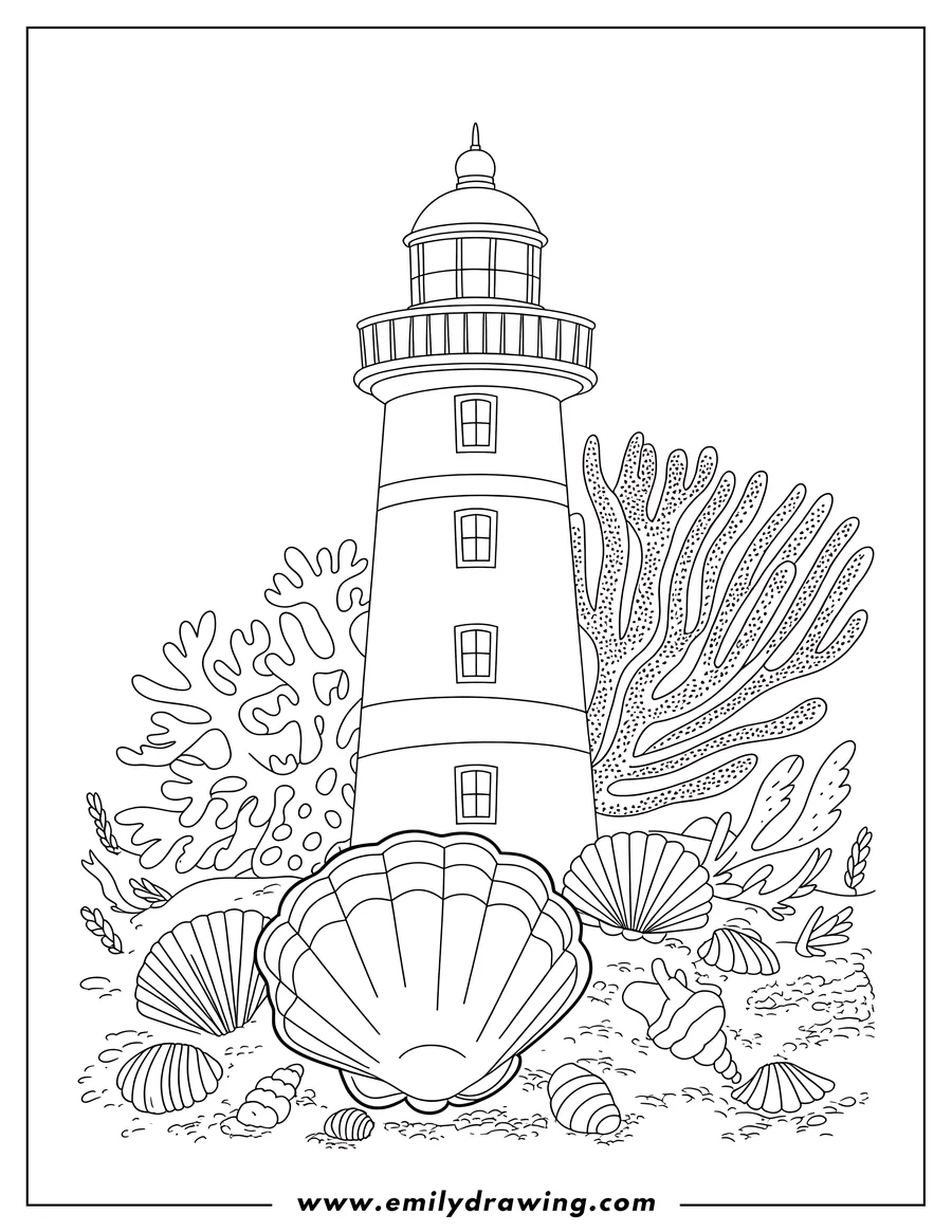 Line art of a tall lighthouse standing on a shore with various seashells and coral scattered around its base.