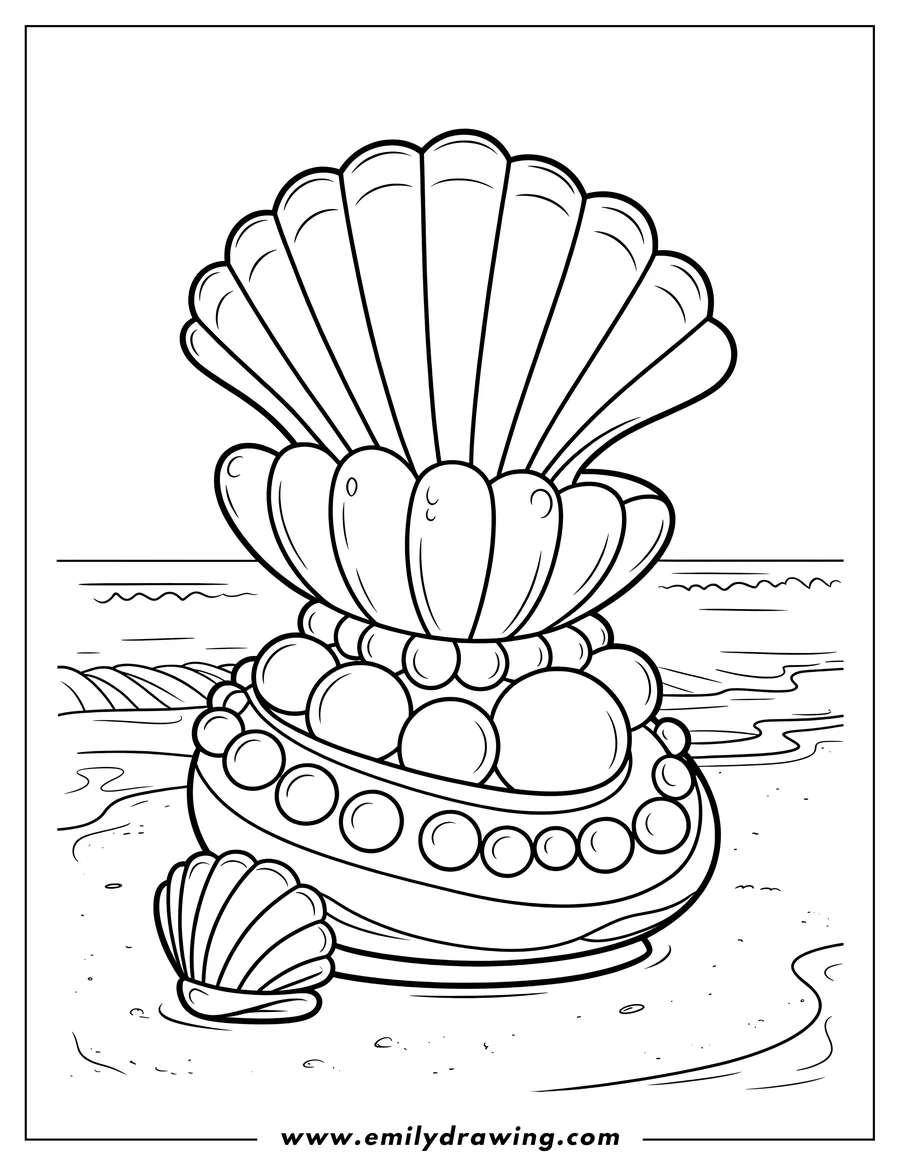 Outline of seashells and pearls arranged on a sandy beach near the ocean.