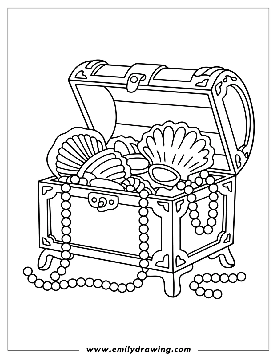 Outline of a treasure chest overflowing with seashells, pearls, and beads.