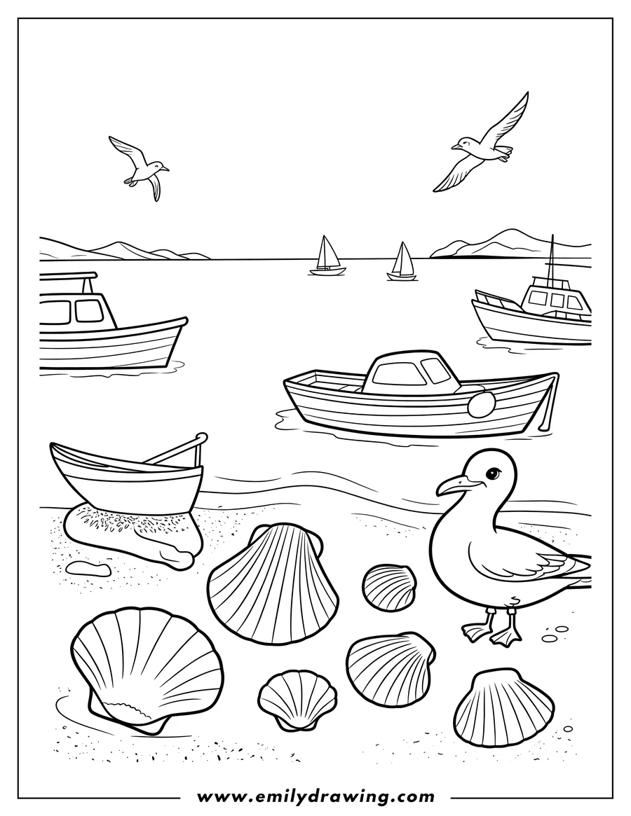 Outline of a seagull standing on a sandy beach near several seashells, with boats and hills in the background.