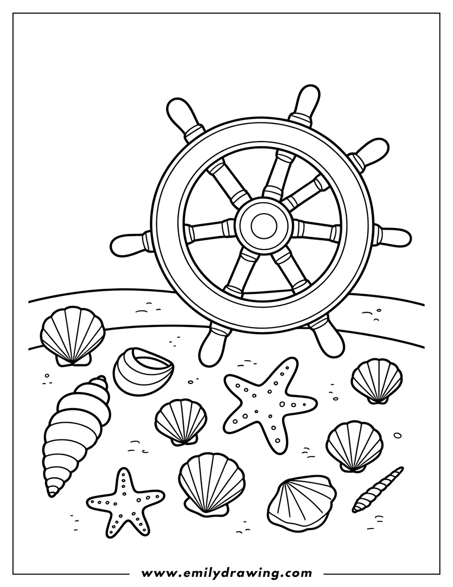 Outline of various seashells and a ship's wheel scattered on the sand.