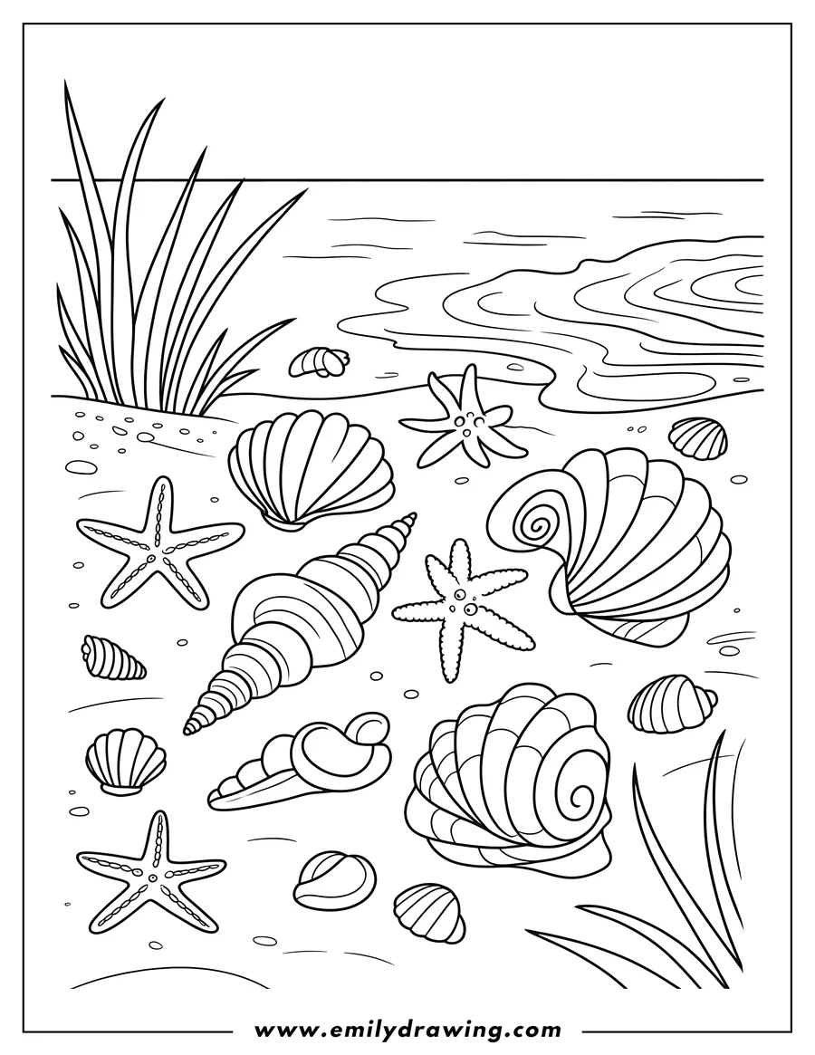 Outline of various seashells and starfish scattered on a sandy beach near the water's edge, with blades of beach grass nearby.