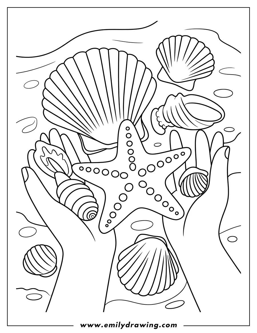 Line art of two hands holding various seashells and a starfish
